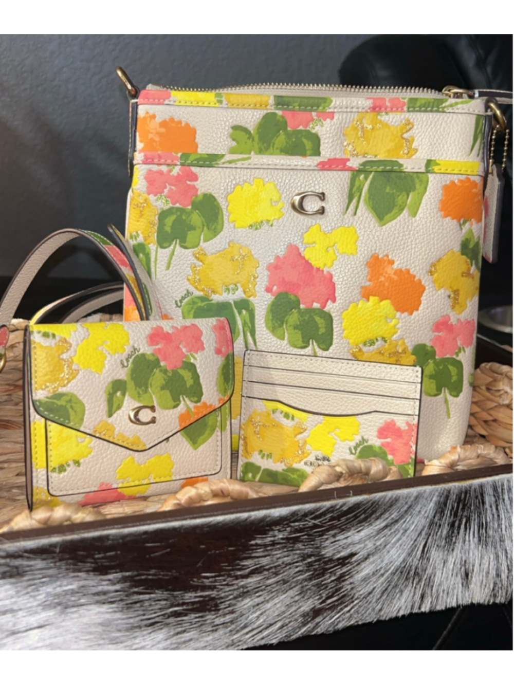 Women's Coach Floral Crossbody Bag and Wallet Set, One Size, Beige/Yellow